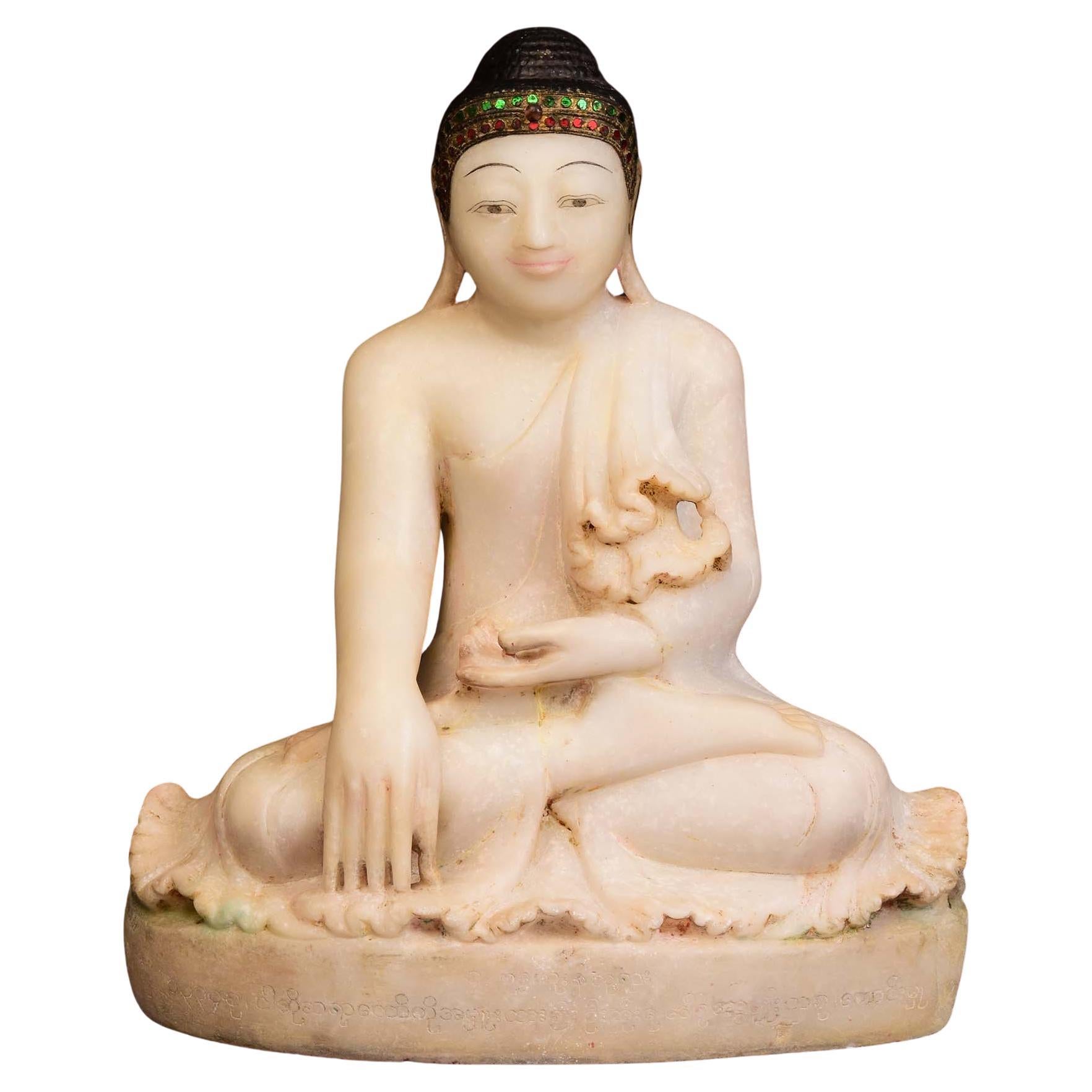 19th Century, Mandalay, Antique Burmese Alabaster Marble Seated Buddha Statue For Sale