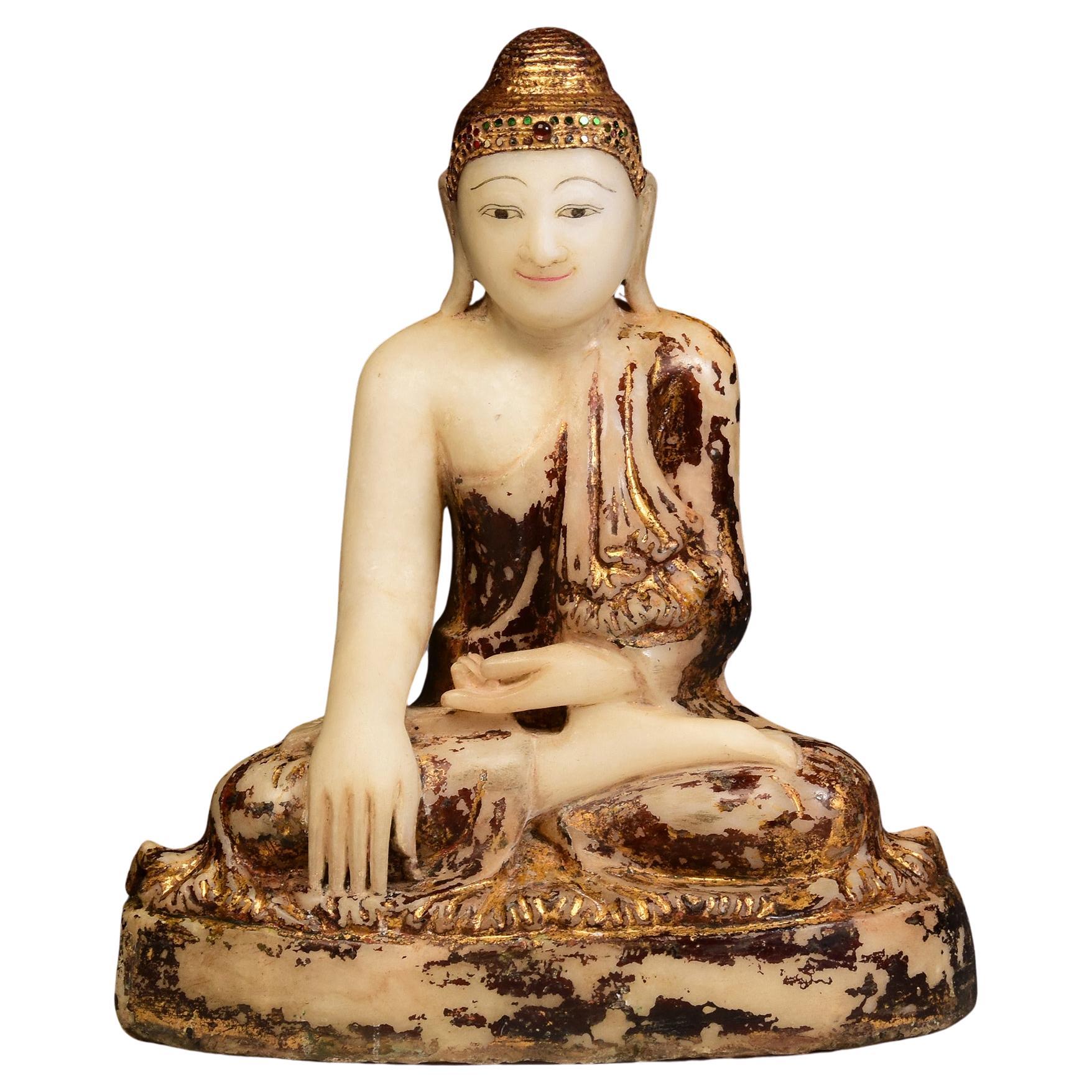19th Century, Mandalay, Antique Burmese Alabaster Marble Seated Buddha Statue For Sale