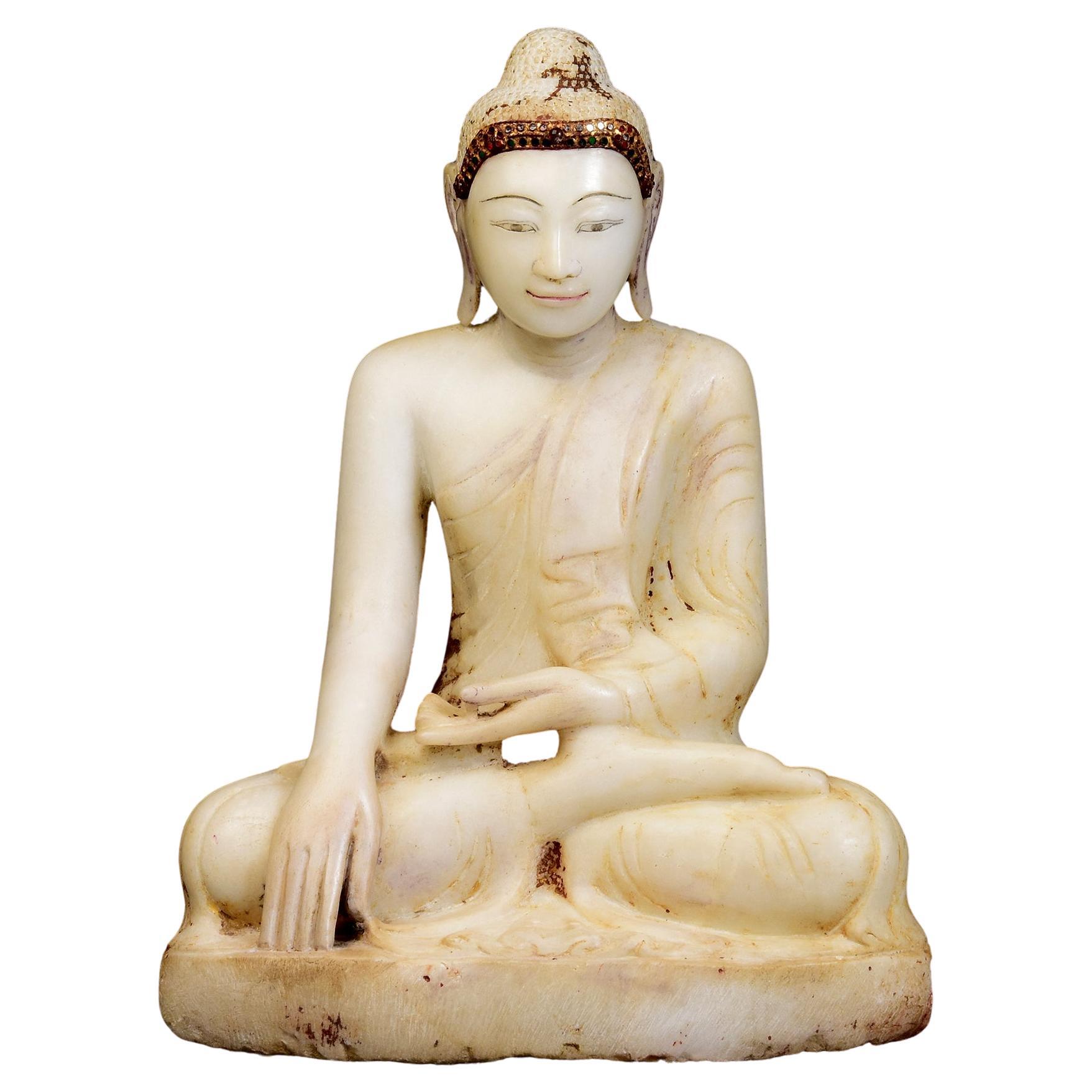 19th Century, Mandalay, Antique Burmese Alabaster Marble Seated Buddha Statue For Sale