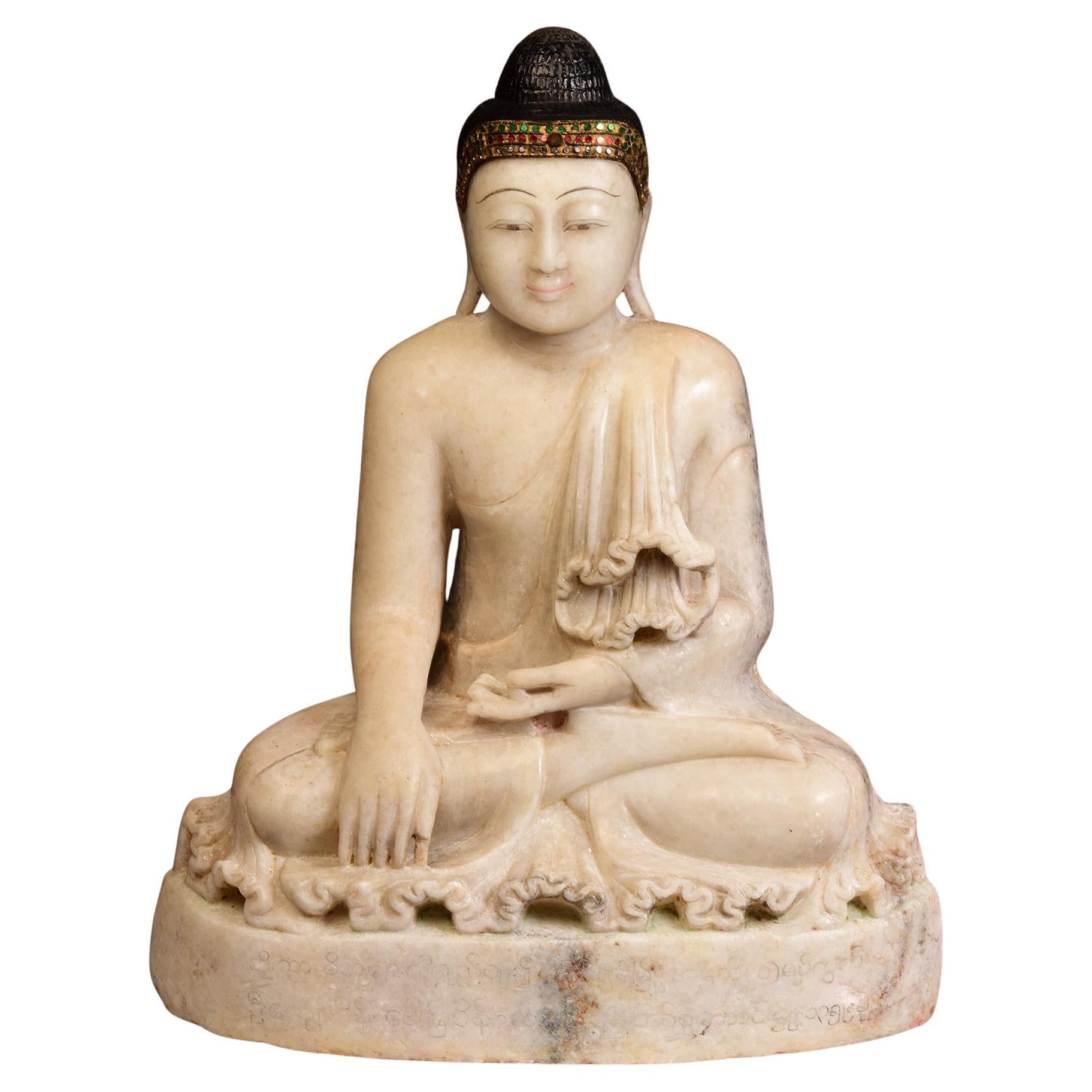19th Century, Mandalay, Antique Burmese Alabaster Marble Seated Buddha Statue