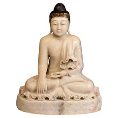 19th Century, Mandalay, Antique Burmese Alabaster Marble Seated Buddha Statue