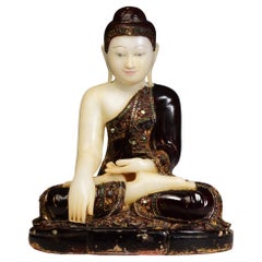 19th Century, Mandalay, Antique Burmese Alabaster Seated Buddha