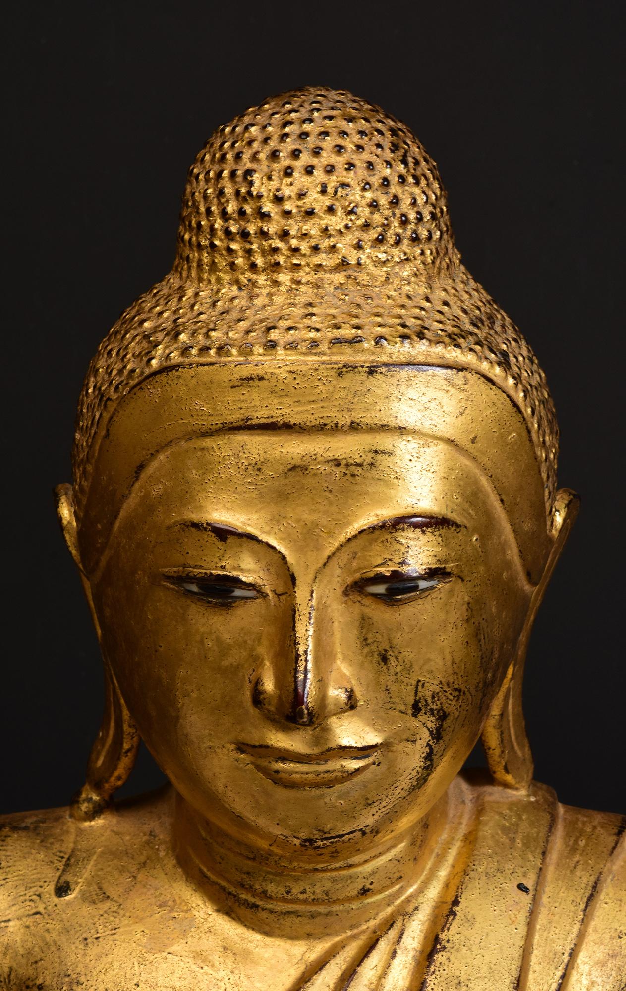 Gilt 19th Century, Mandalay, Antique Burmese Bronze Seated Buddha with Gilded Gold For Sale
