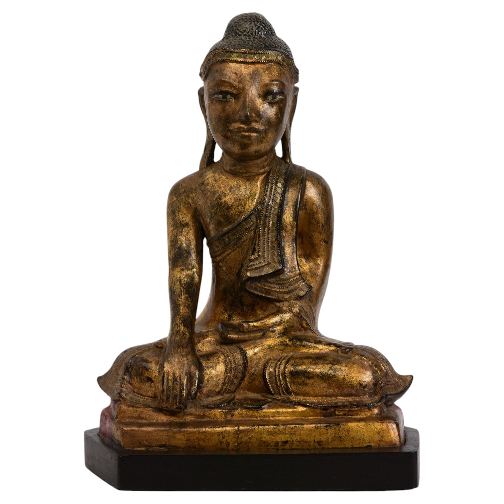 19th Century, Mandalay, Antique Burmese Lacquered Seated Buddha with Gilded Gold