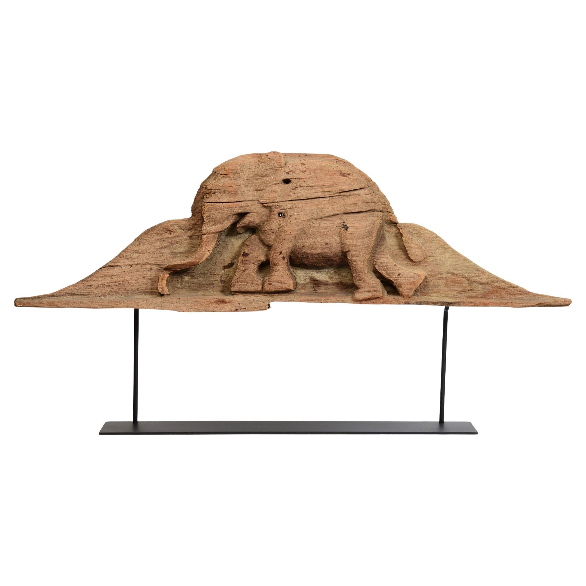19th Century, Mandalay, Antique Burmese Wood Carving Panel with Animal Elephant