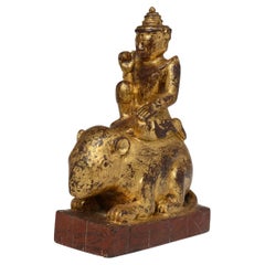 19th Century, Mandalay, Antique Burmese Wooden Angel Riding Mouse