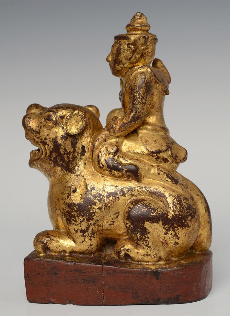 Hand-Carved 19th Century, Mandalay, Antique Burmese Wooden Angel Riding Tiger
