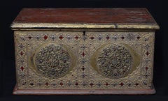 19th Century, Mandalay, Antique Burmese Wooden Chest with Gilded Gold and Glass