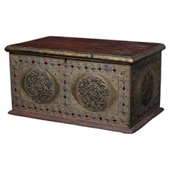19th Century, Mandalay, Antique Burmese Wooden Chest with Gilded Gold and Glass