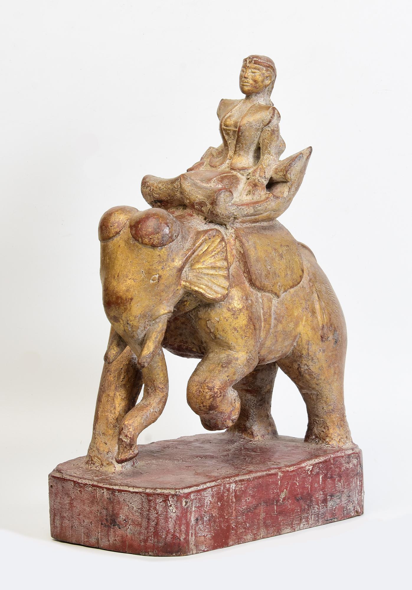 19th Century, Mandalay, Antique Burmese Wooden Elephant and Rider For Sale 9