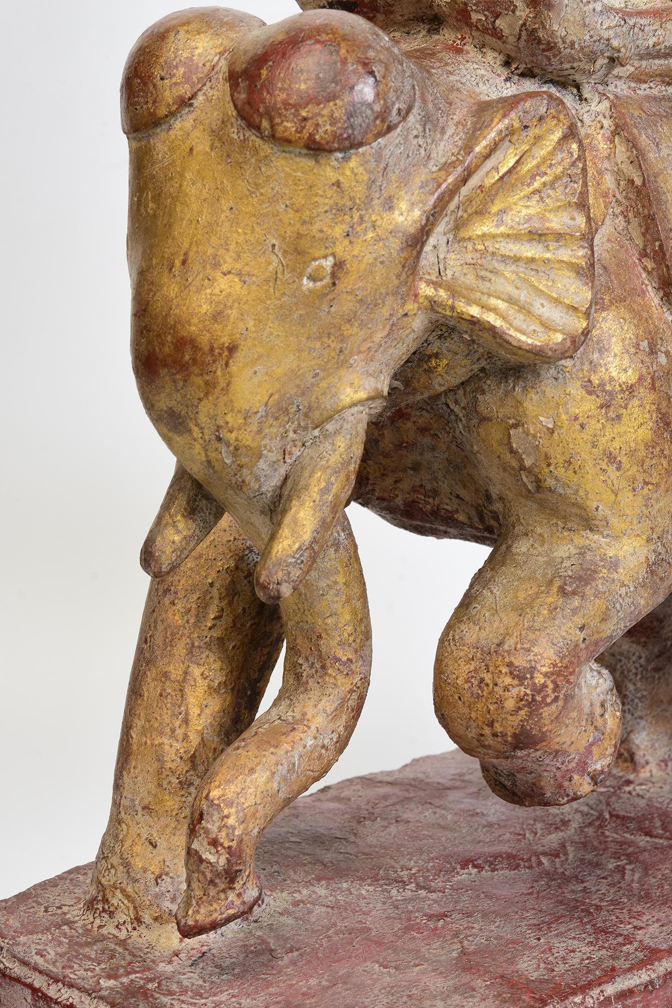 Hand-Carved 19th Century, Mandalay, Antique Burmese Wooden Elephant and Rider For Sale