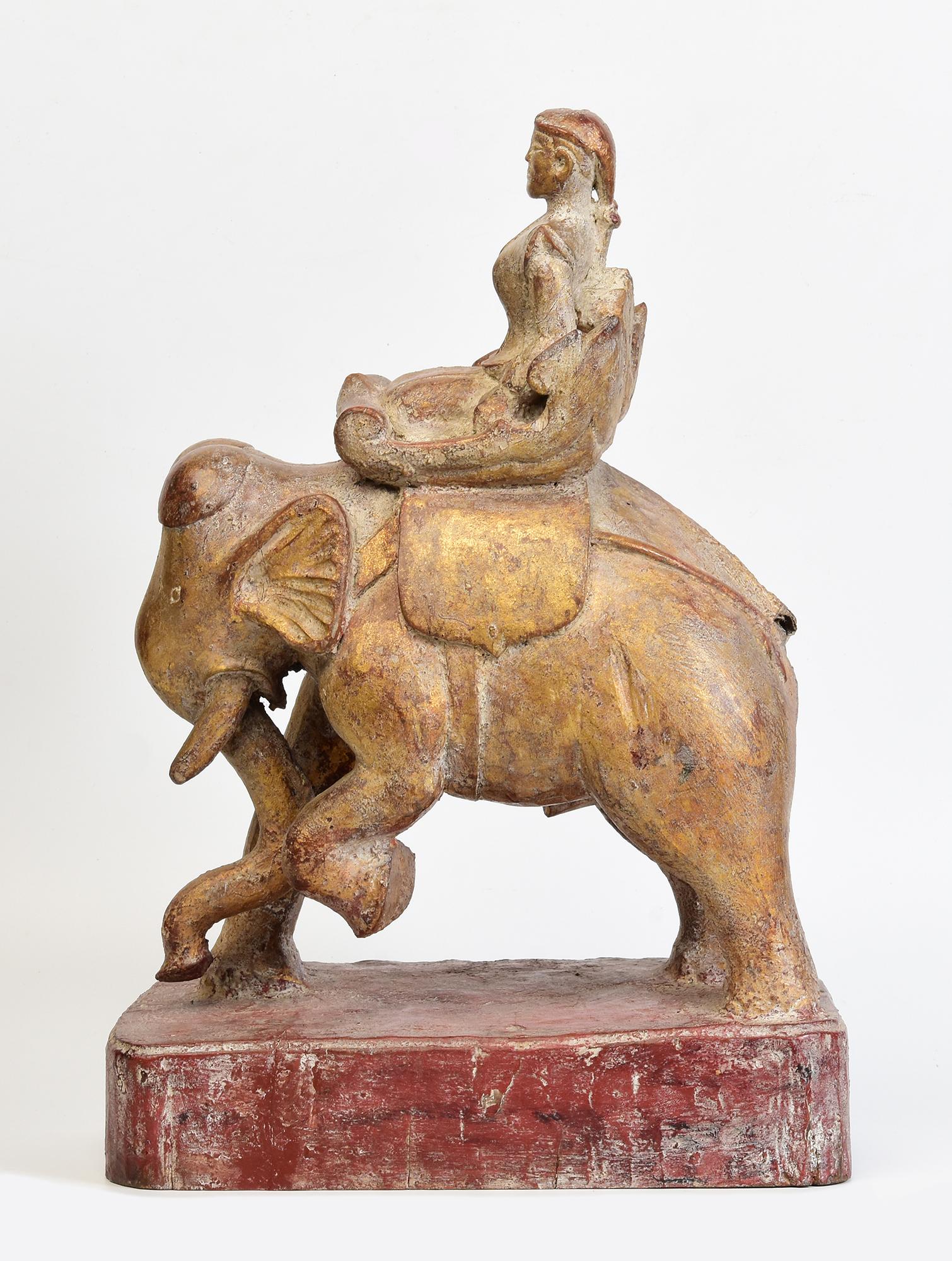 19th Century, Mandalay, Antique Burmese Wooden Elephant and Rider In Good Condition For Sale In Sampantawong, TH