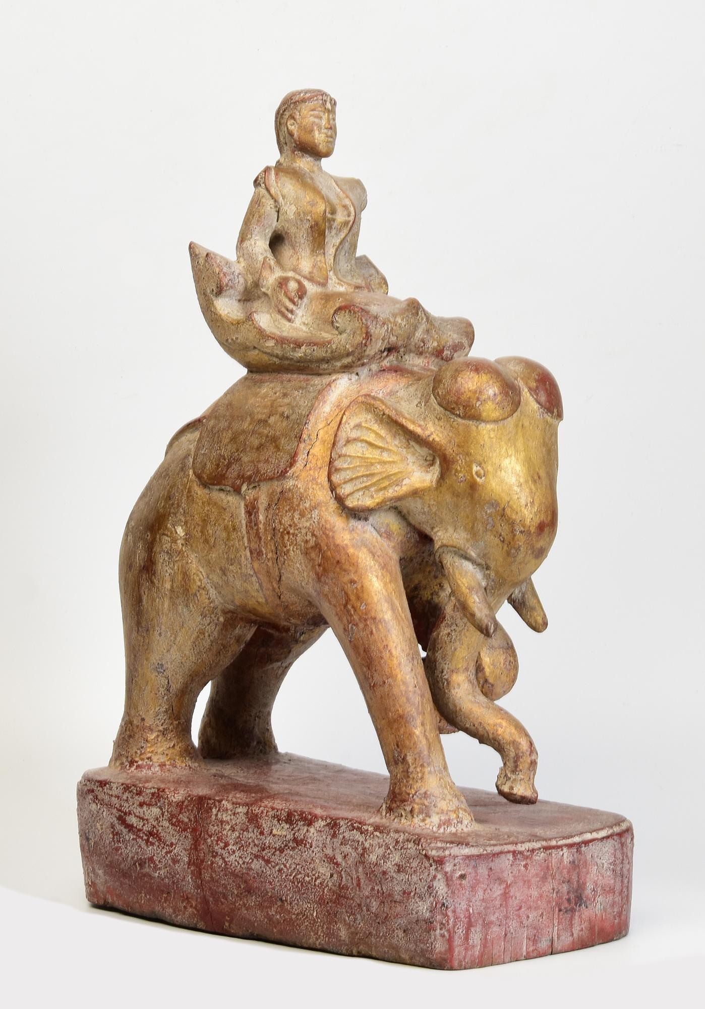 19th Century, Mandalay, Antique Burmese Wooden Elephant and Rider For Sale 5