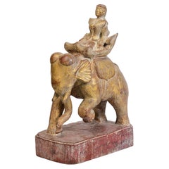 19th Century, Mandalay, Antique Burmese Wooden Elephant and Rider