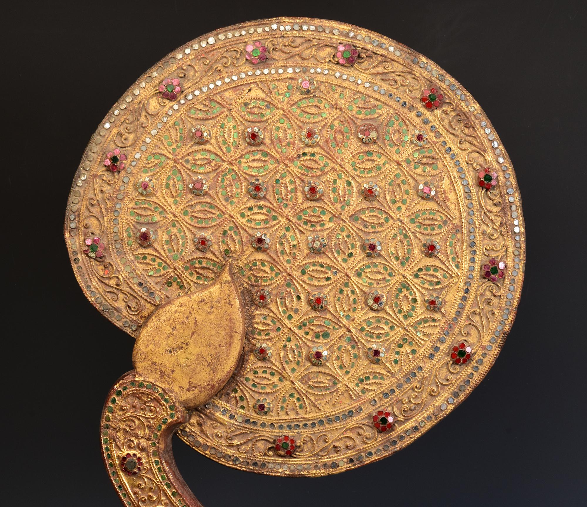 19th Century, Mandalay, Antique Burmese Wooden Fan with Gilded Gold and Glass For Sale 6