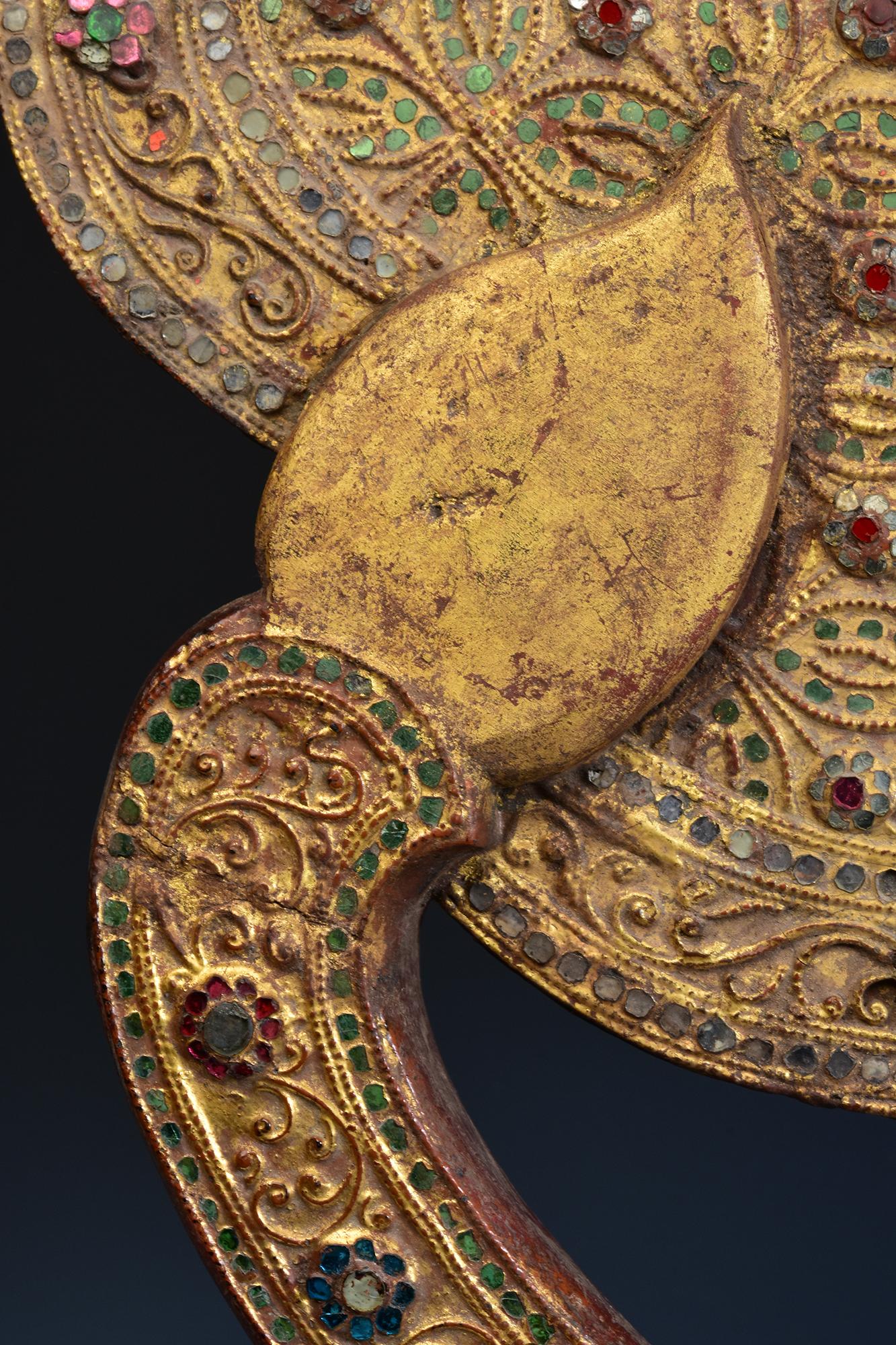 19th Century, Mandalay, Antique Burmese Wooden Fan with Gilded Gold and Glass For Sale 9