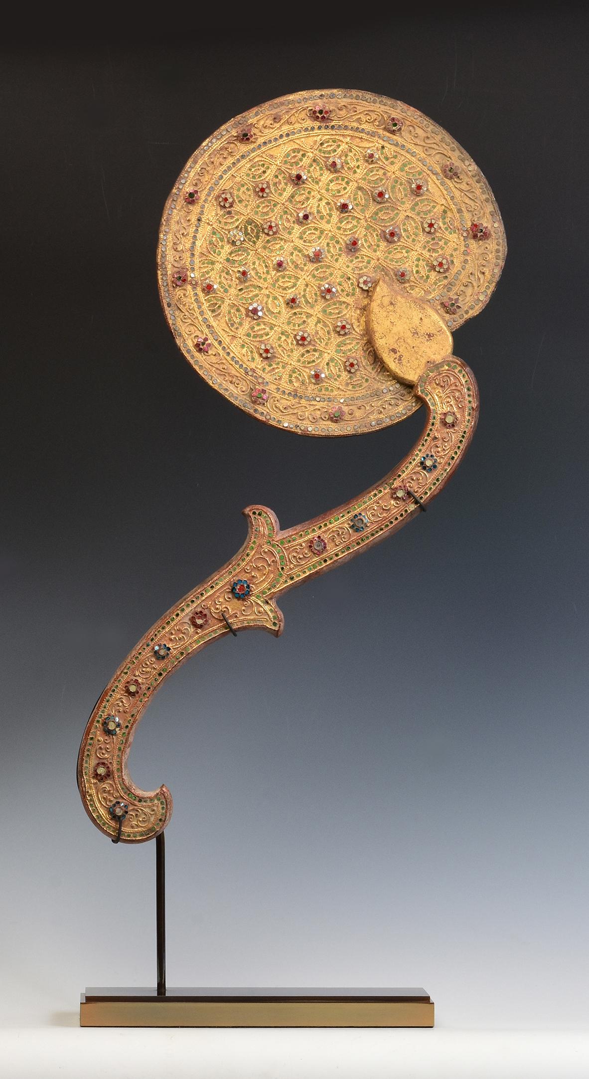 19th Century, Mandalay, Antique Burmese Wooden Fan with Gilded Gold and Glass For Sale 10
