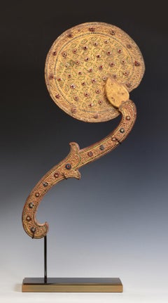 19th Century, Mandalay, Antique Burmese Wooden Fan with Gilded Gold and Glass