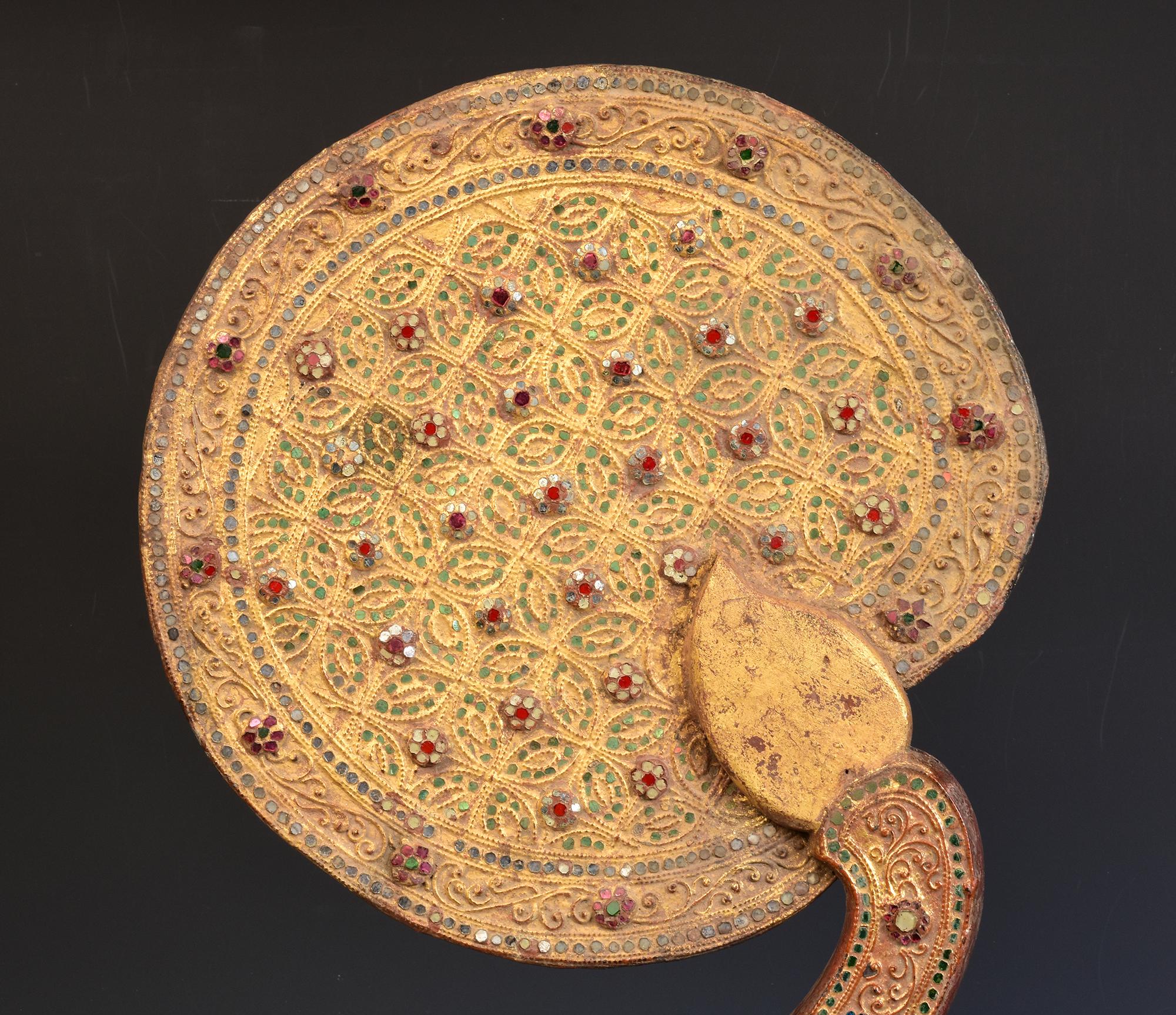Hand-Carved 19th Century, Mandalay, Antique Burmese Wooden Fan with Gilded Gold and Glass For Sale