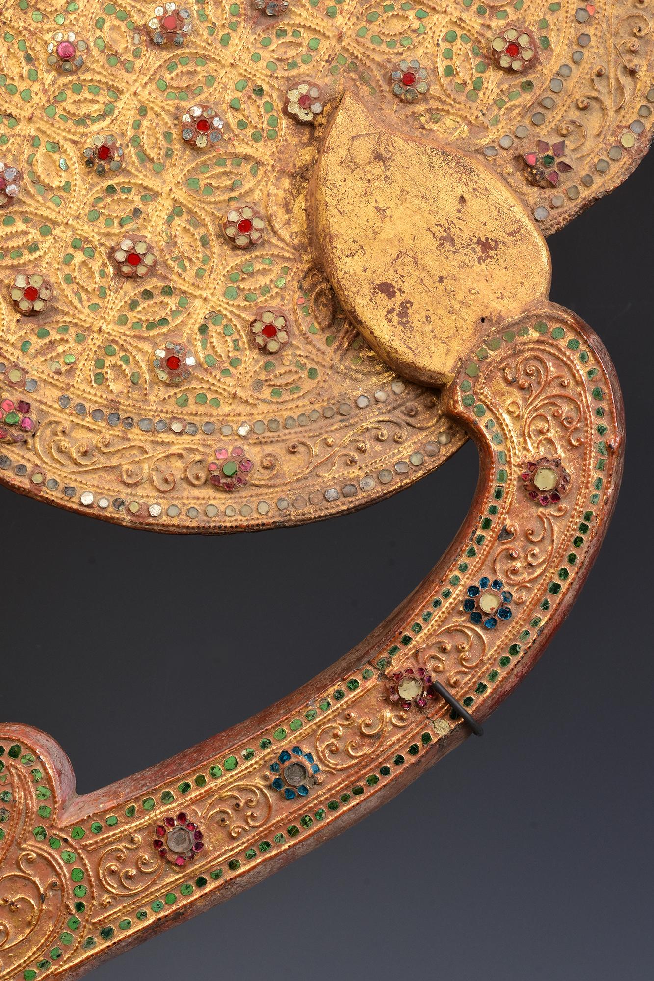 19th Century, Mandalay, Antique Burmese Wooden Fan with Gilded Gold and Glass In Good Condition In Sampantawong, TH