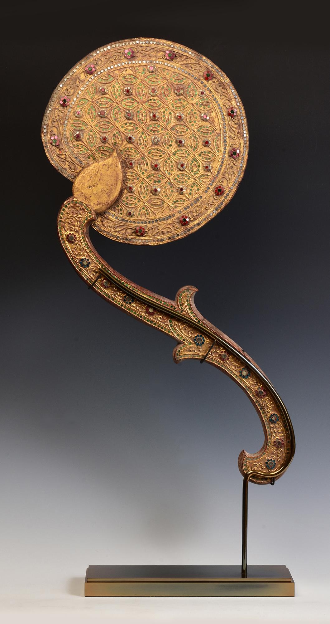 19th Century, Mandalay, Antique Burmese Wooden Fan with Gilded Gold and Glass For Sale 5
