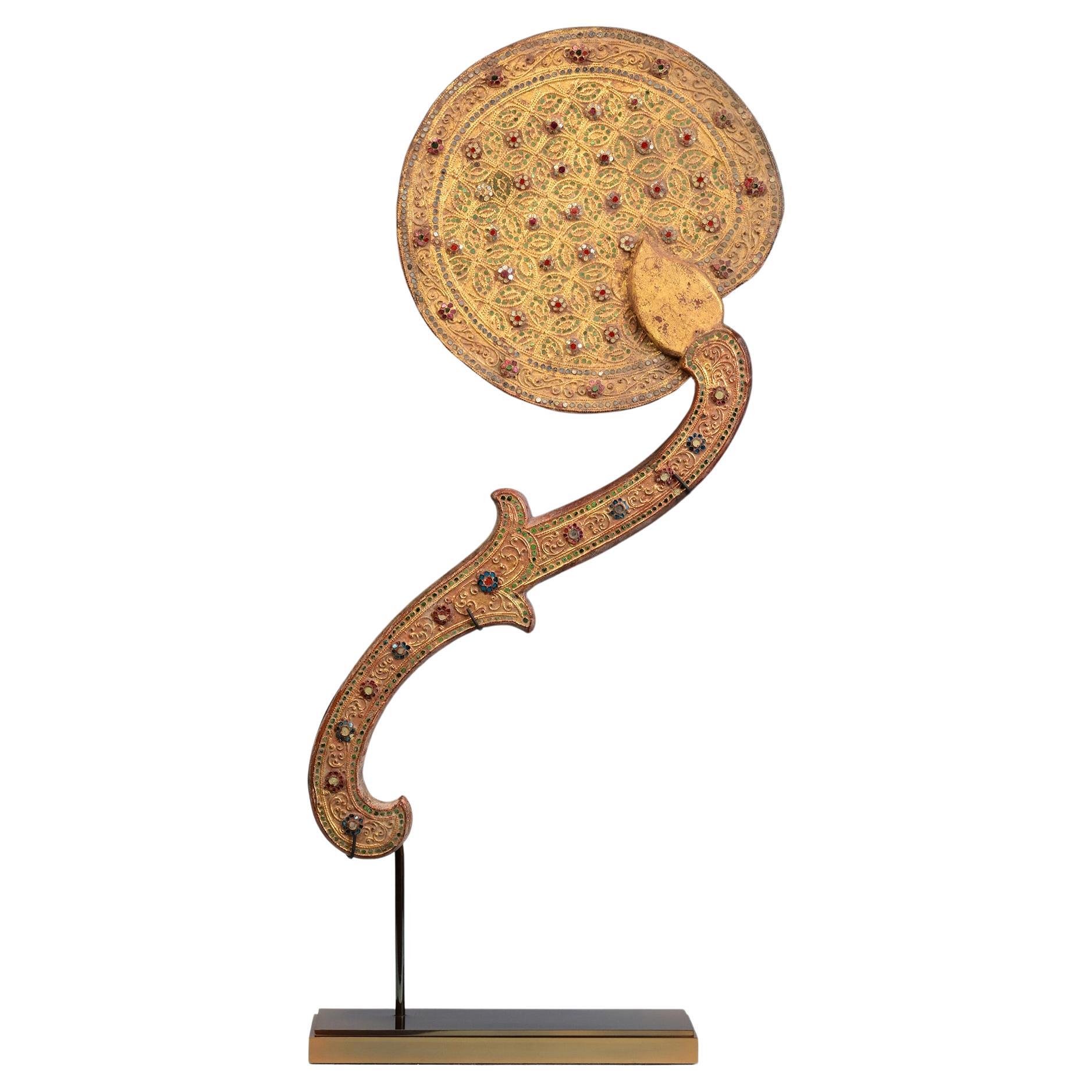 19th Century, Mandalay, Antique Burmese Wooden Fan with Gilded Gold and Glass For Sale