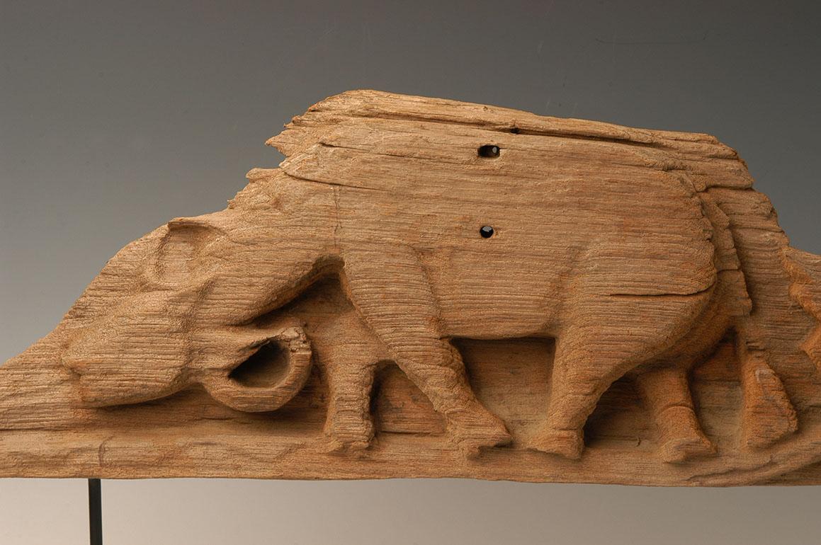Hand-Carved 19th Century, Mandalay, Antique Burmese Wood Carving Panel with Animal Buffalo For Sale