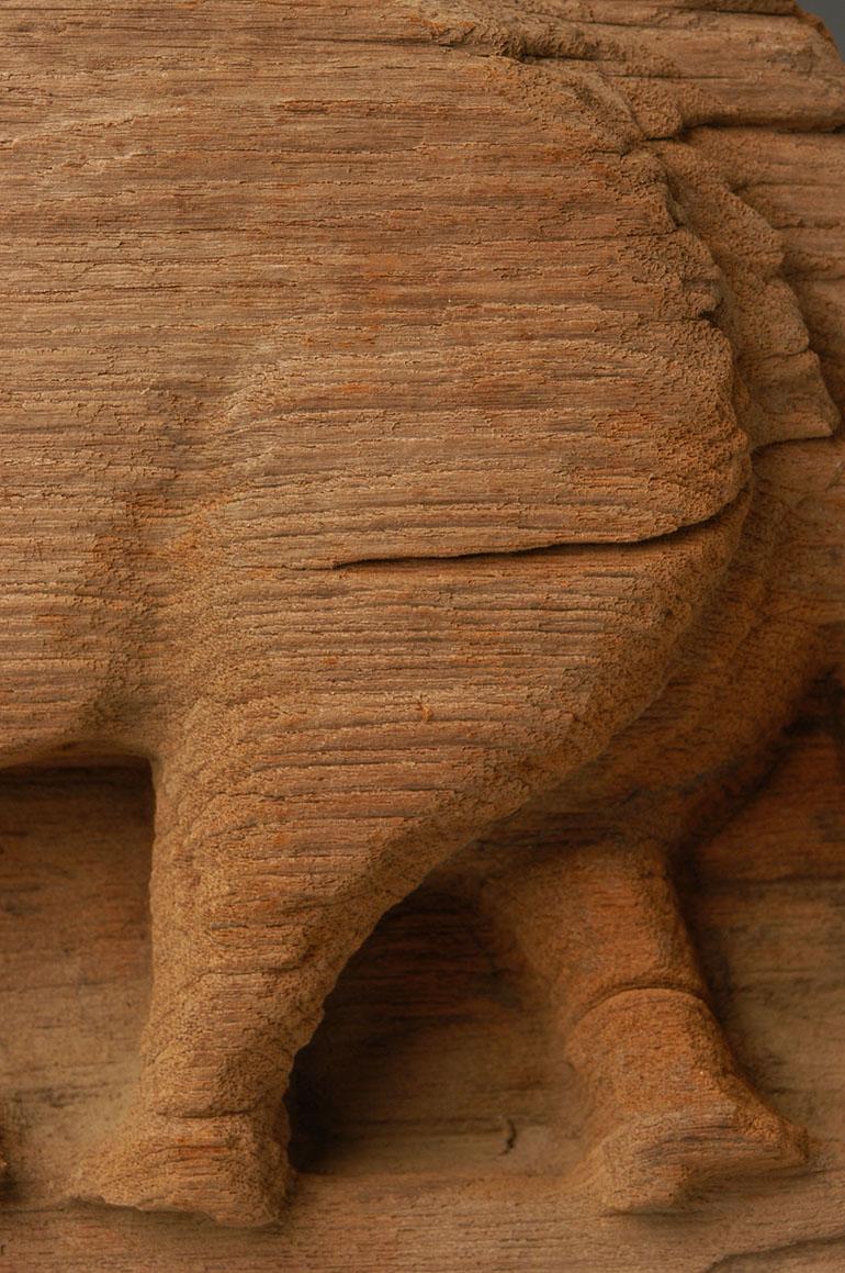 19th Century, Mandalay, Antique Burmese Wood Carving Panel with Animal Buffalo For Sale 2