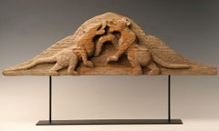 19th Century, Mandalay, Antique Burmese Wood Carving Panel with Animal Tigers