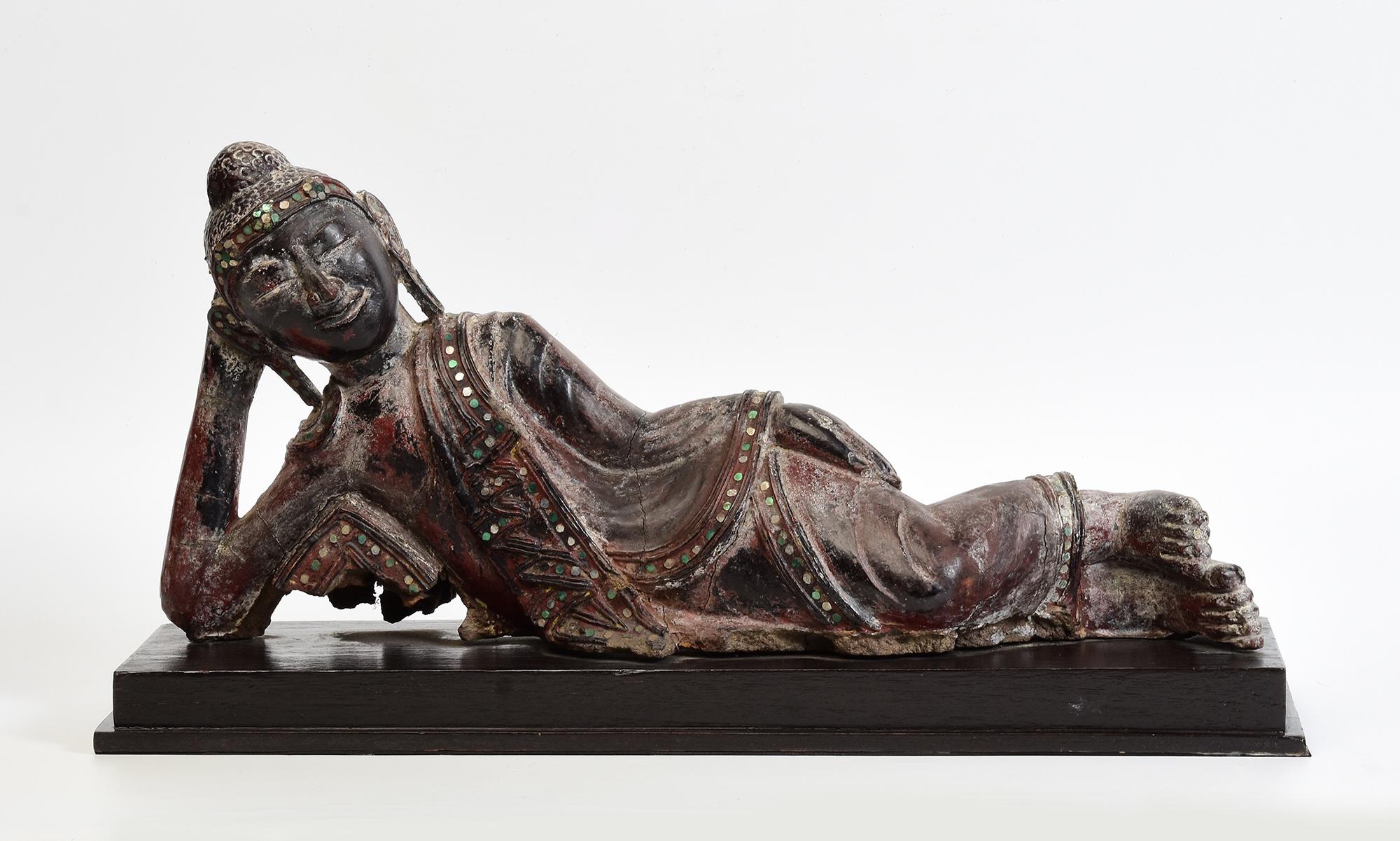 19th Century, Mandalay, Antique Burmese Wooden Reclining Buddha with Stand For Sale 9