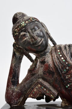 19th Century, Mandalay, Antique Burmese Wooden Reclining Buddha with Stand