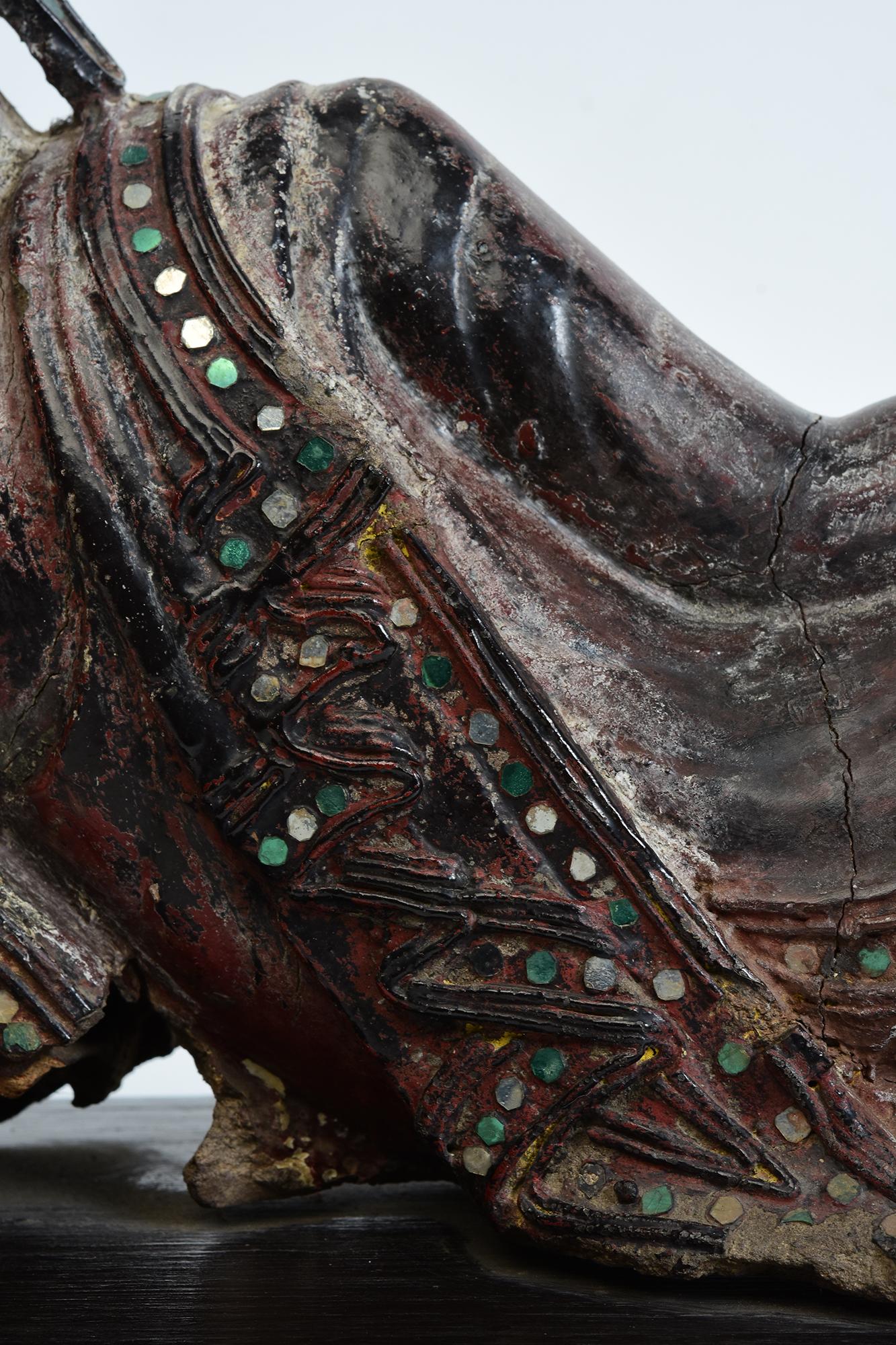 Hand-Carved 19th Century, Mandalay, Antique Burmese Wooden Reclining Buddha with Stand For Sale