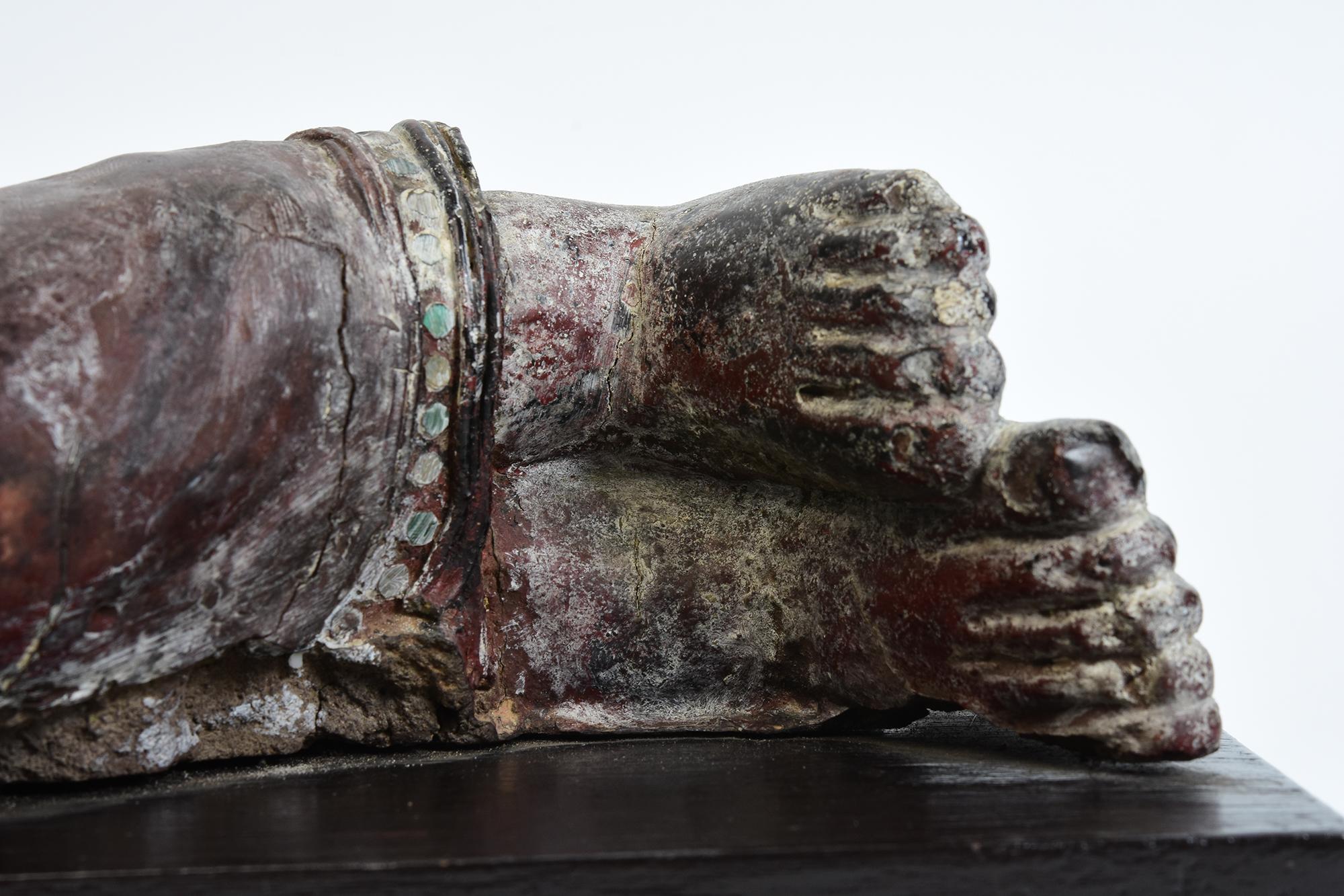 19th Century, Mandalay, Antique Burmese Wooden Reclining Buddha with Stand For Sale 1