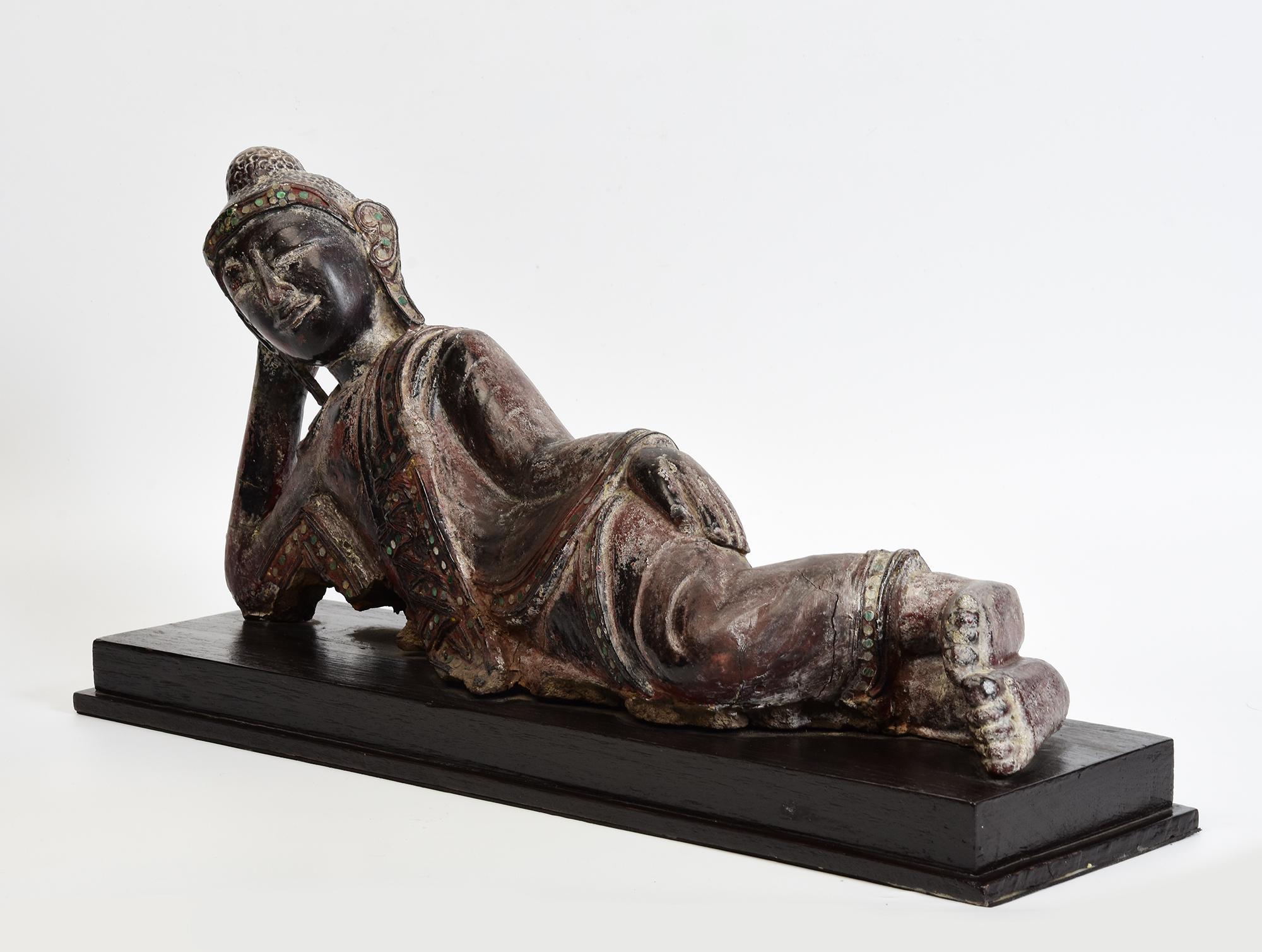 19th Century, Mandalay, Antique Burmese Wooden Reclining Buddha with Stand For Sale 2