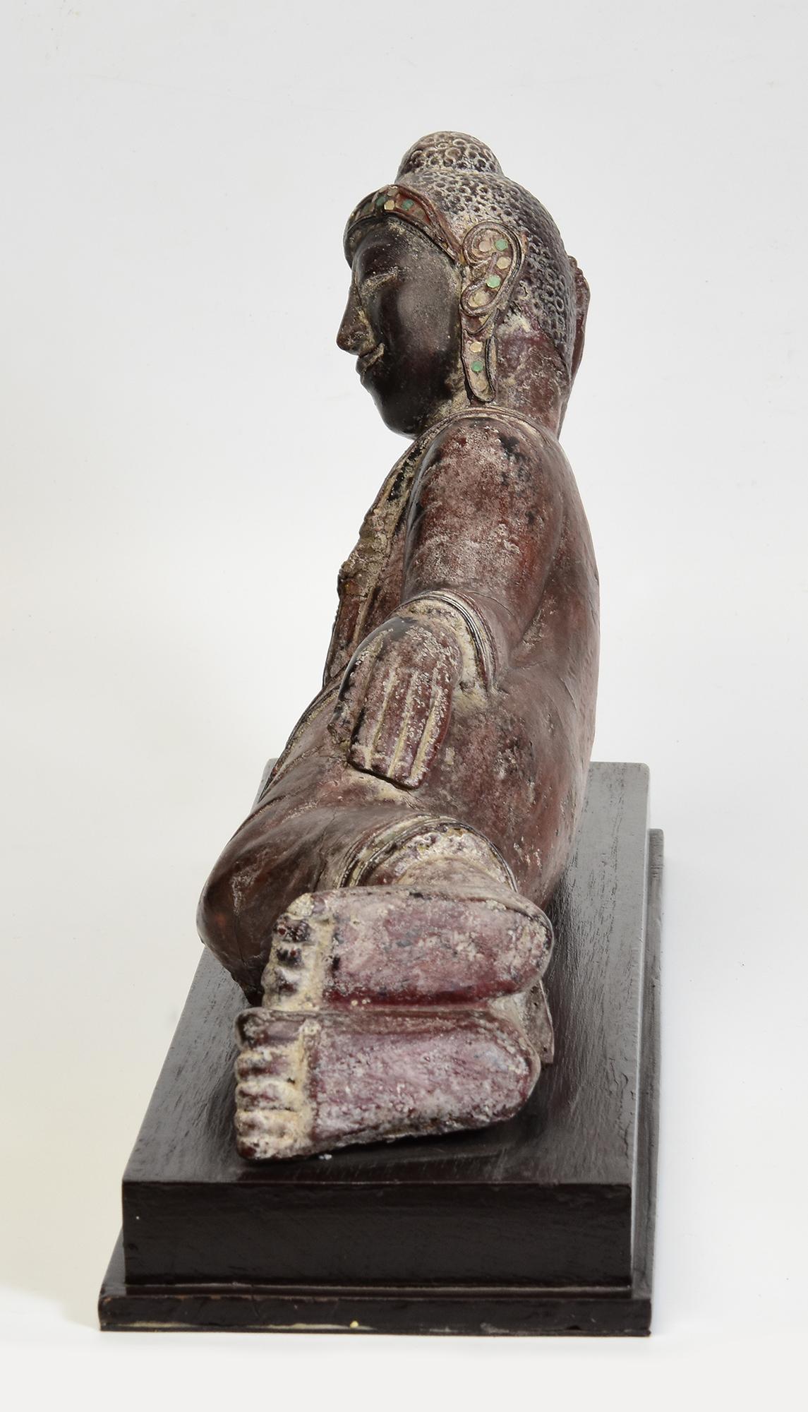 19th Century, Mandalay, Antique Burmese Wooden Reclining Buddha with Stand For Sale 3