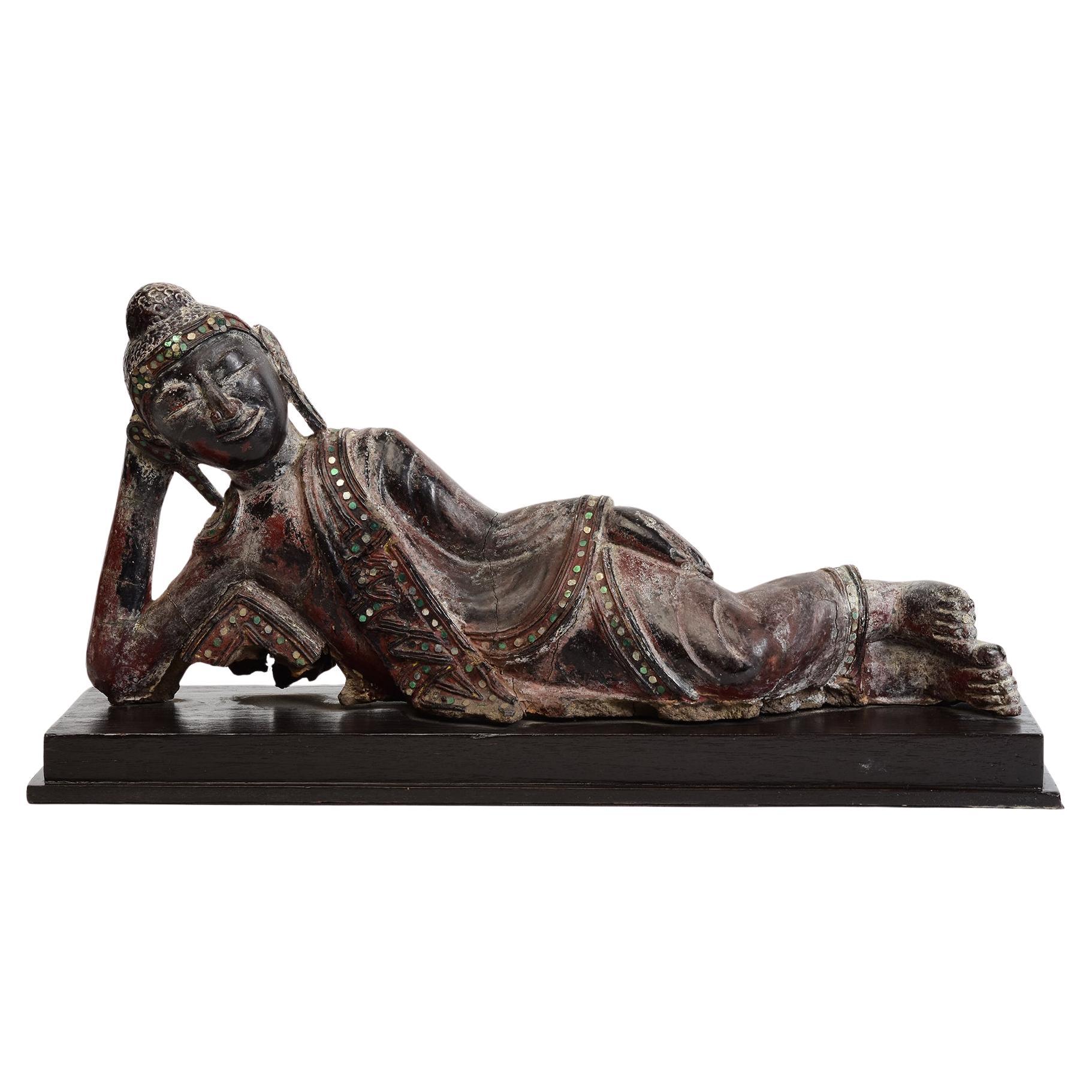 19th Century, Mandalay, Antique Burmese Wooden Reclining Buddha with Stand