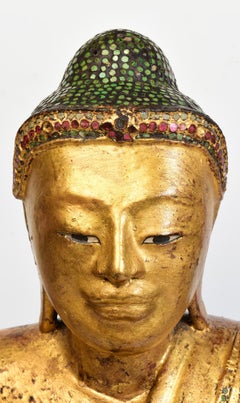 19th Century, Mandalay, Antique Burmese Wooden Seated Buddha with Gilded Gold