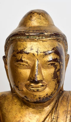 19th Century, Mandalay, Antique Burmese Wooden Seated Buddha with Gilded Gold