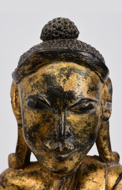19th Century, Mandalay, Antique Burmese Wooden Seated Buddha with Gilded Gold