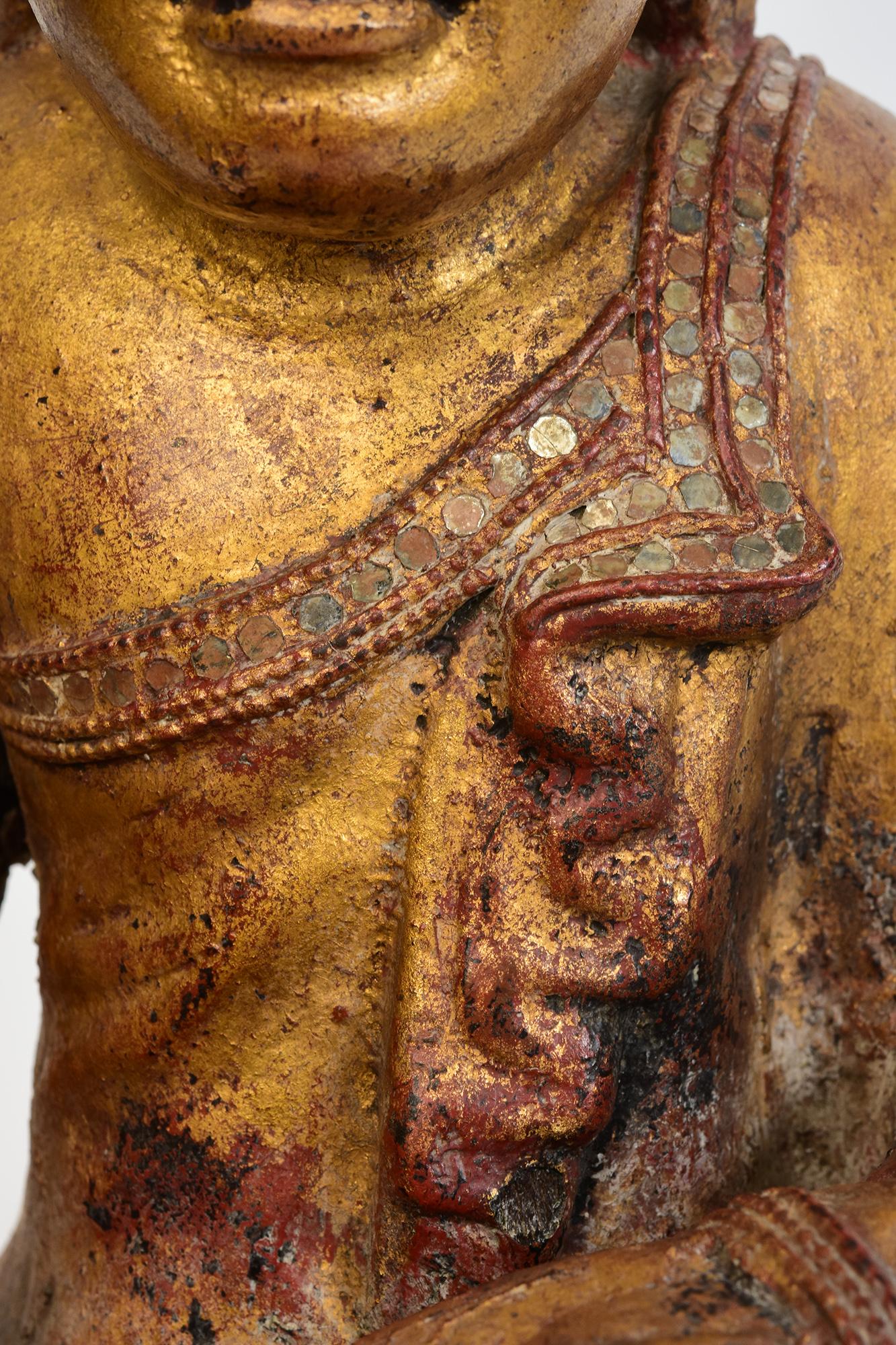 Hand-Carved 19th Century, Mandalay, Antique Burmese Wooden Seated Buddha with Gilded Gold For Sale