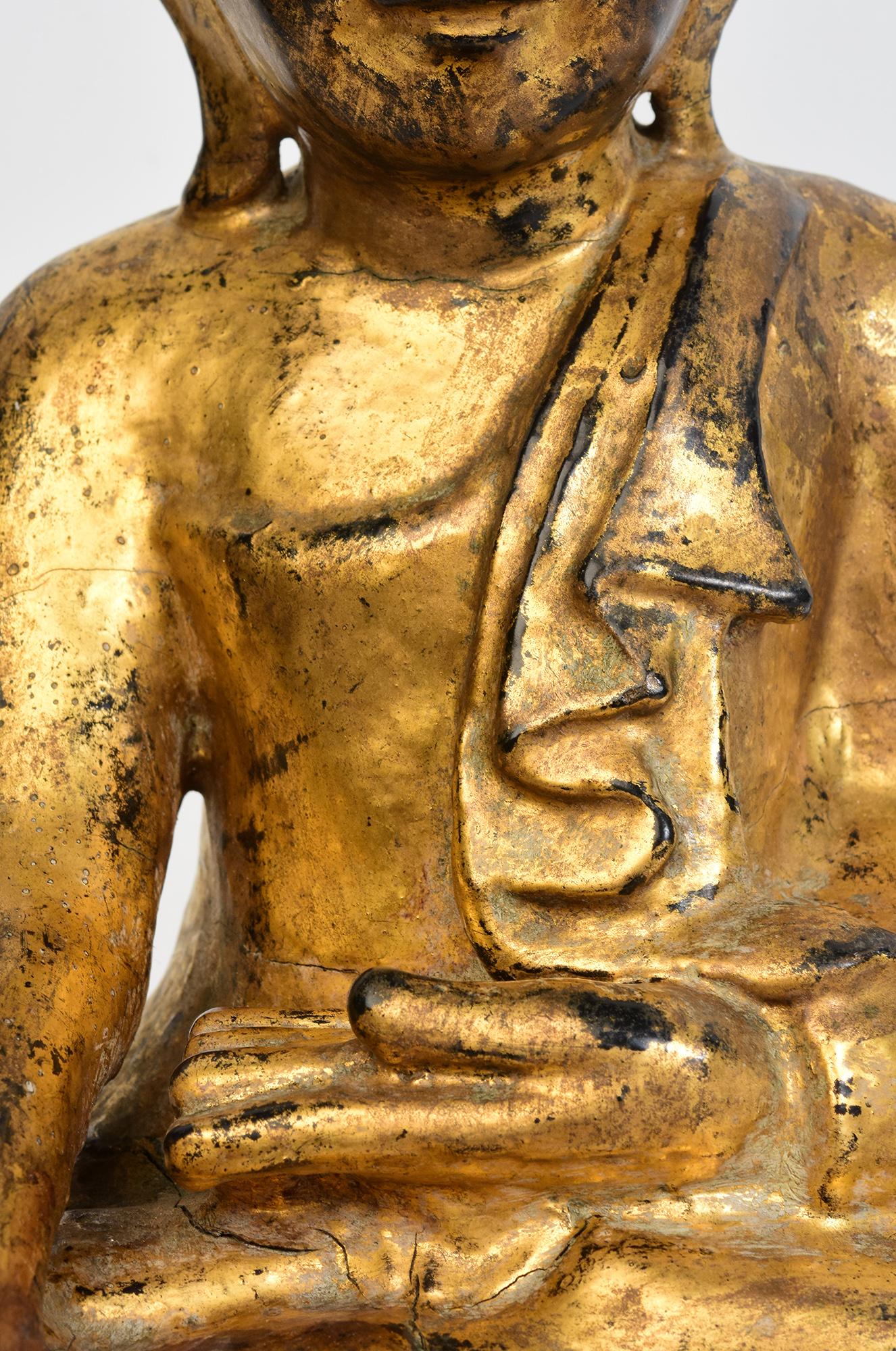 Hand-Carved 19th Century, Mandalay, Antique Burmese Wooden Seated Buddha with Gilded Gold For Sale