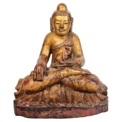 19th Century, Mandalay, Antique Burmese Wooden Seated Buddha with Gilded Gold