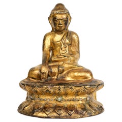 19th Century, Mandalay, Antique Burmese Wooden Seated Buddha with Gilded Gold