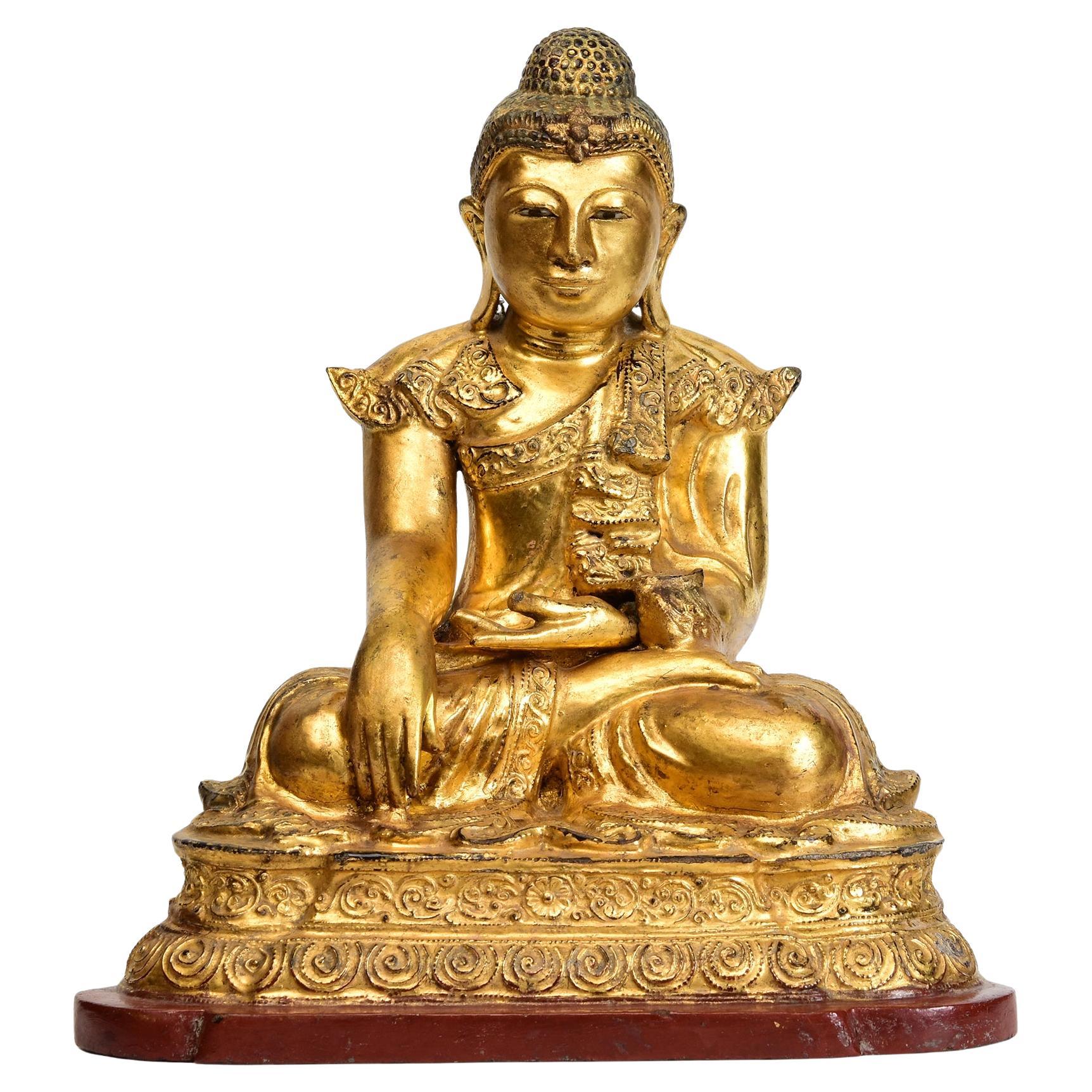 19th Century, Mandalay, Antique Burmese Wooden Seated Buddha with Gilded Gold