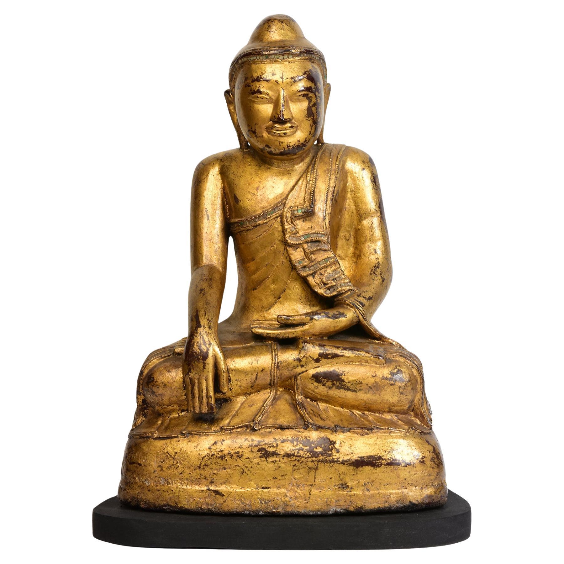 19th Century, Mandalay, Antique Burmese Wooden Seated Buddha with Gilded Gold