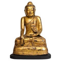 19th Century, Mandalay, Antique Burmese Wooden Seated Buddha with Gilded Gold