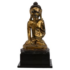 19th Century, Mandalay, Antique Burmese Wooden Seated Buddha with Gilded Gold