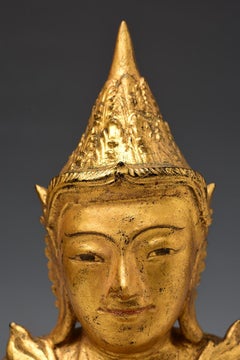 19th Century, Mandalay, Antique Burmese Wooden Seated Crowned Buddha