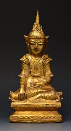 19th Century, Mandalay, Antique Burmese Wooden Seated Crowned Buddha