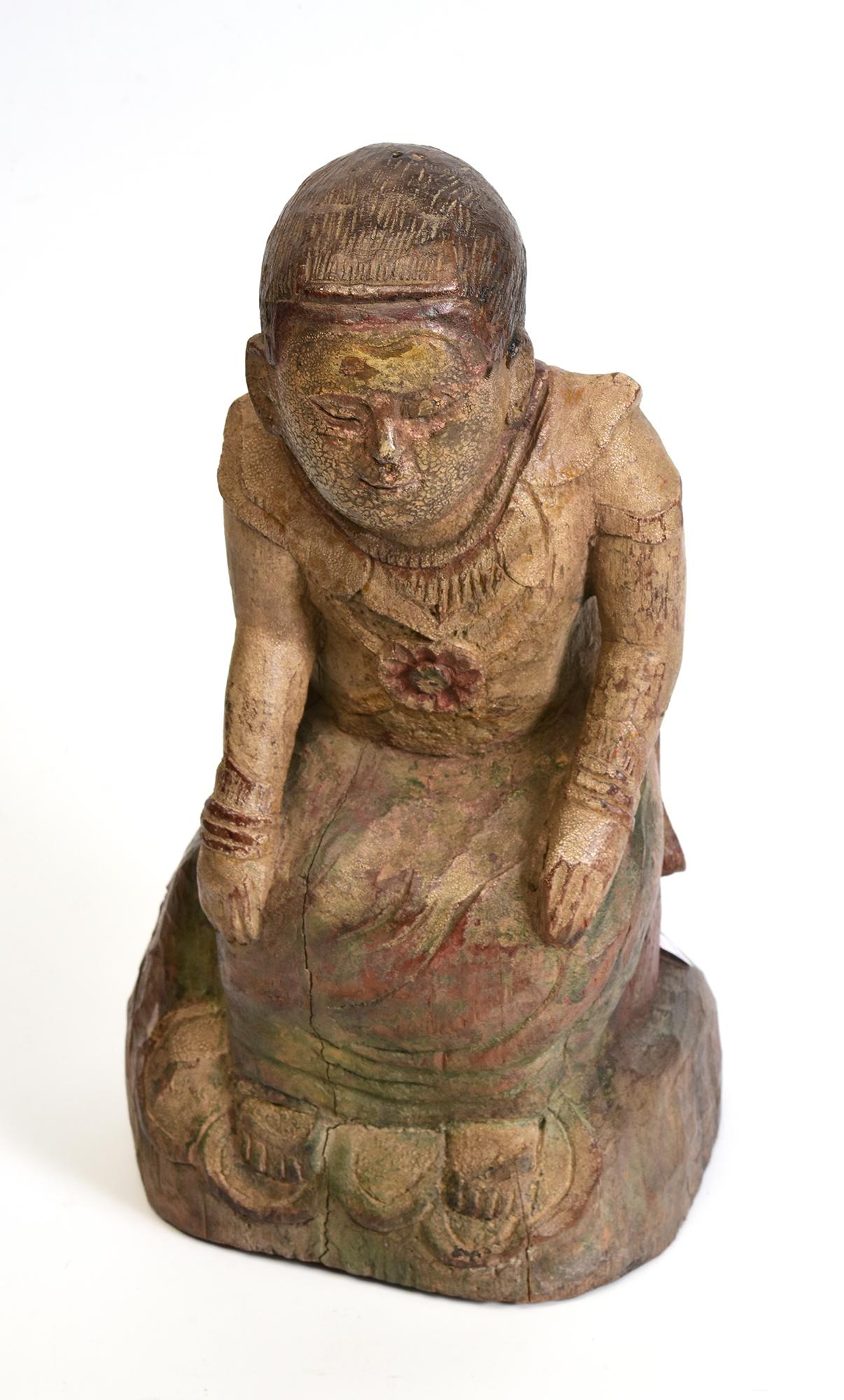19th Century, Mandalay, Antique Burmese Wooden Seated Figure For Sale 9